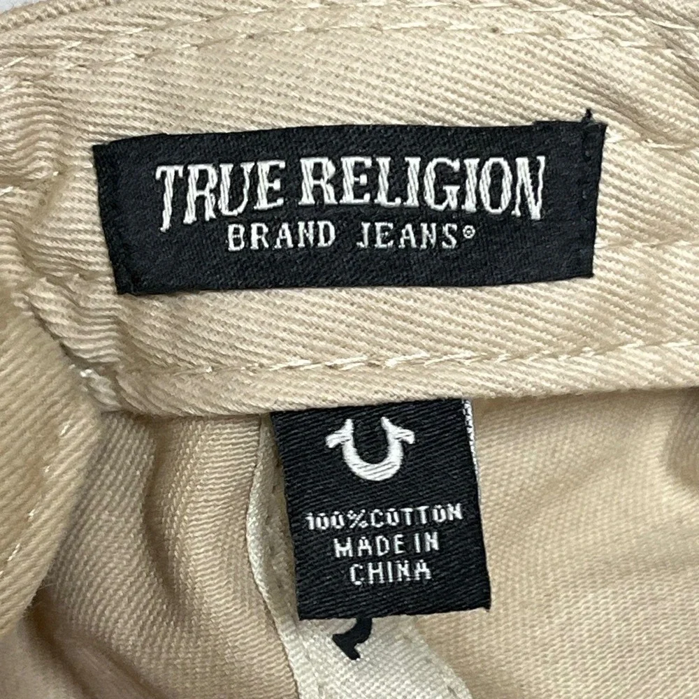True Religion Men Tan Khaki Buddha Logo Snapback Baseball Hat Monogram Horseshoe